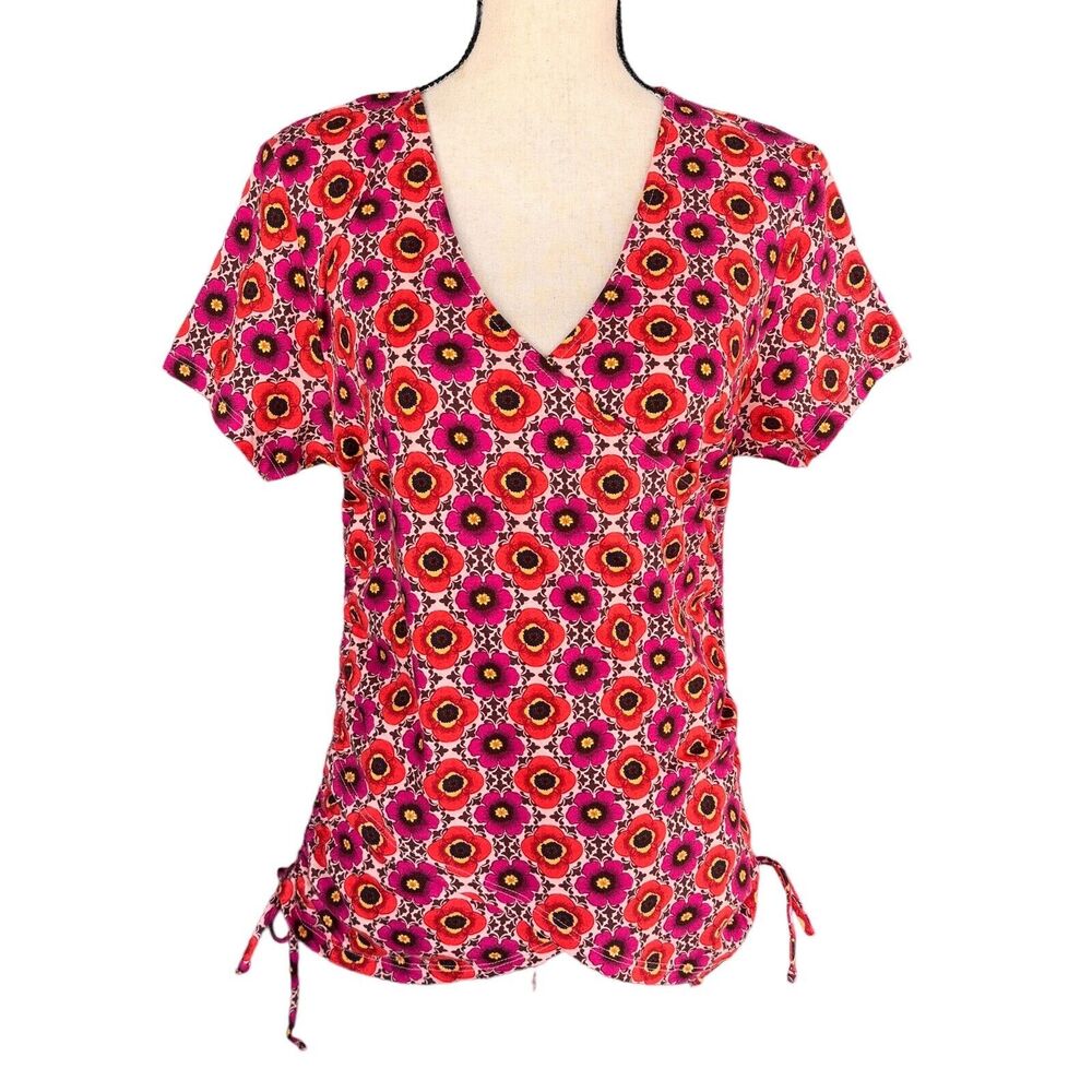 INC Medium Top Floral Geometric Surplice V-Neck Cap Sleeve Ruched Stretch Multi